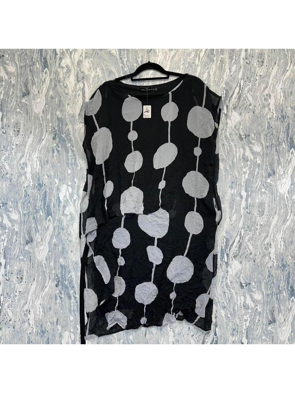 Gershon Bram Contemporary Boho Lagenlook Black/Gray Abstract Pattern Dress (L)